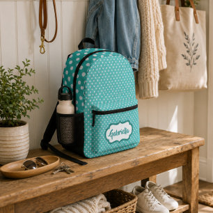 Personalised White Polka Dots On Teal Mint Green Printed Backpack