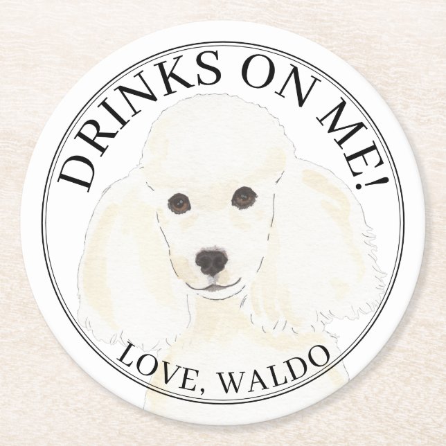 Personalised White Poodle Dog Wedding Round Paper Coaster (Front)