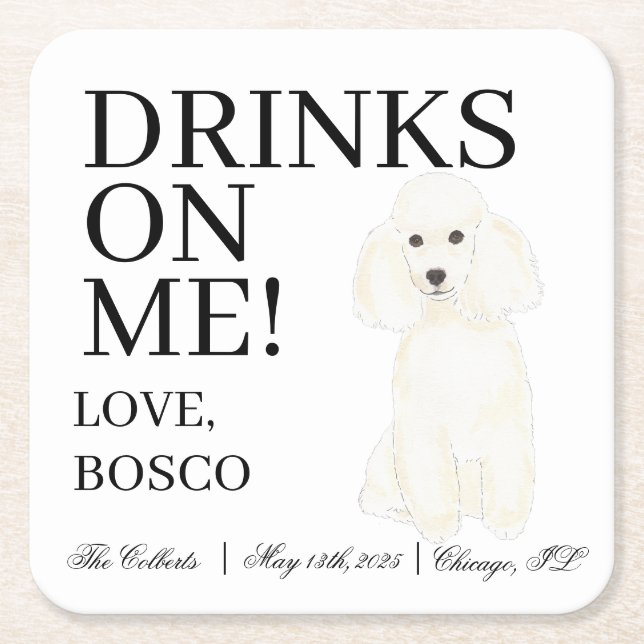 Personalised White Poodle Dog Wedding Square Paper Coaster (Front)