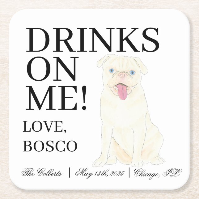 Personalised White Pug Dog Wedding Square Paper Coaster (Front)