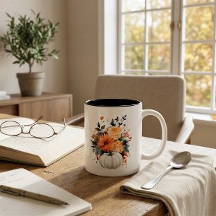 Personalised White Pumpkin Floral Fall Two-Tone Coffee Mug