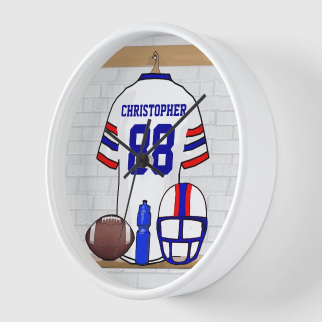 Personalised White Red Blue Football Jersey Clock (Angle)