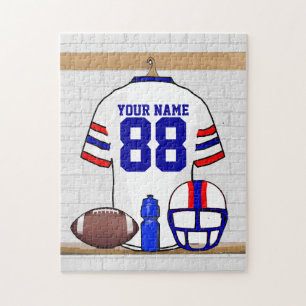 Personalised White Red Blue Football Jersey Jigsaw Puzzle