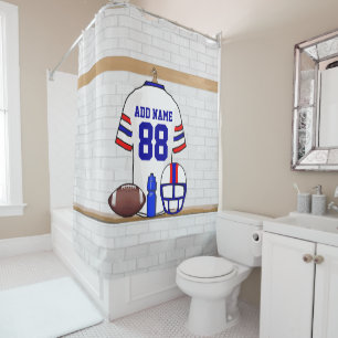 Personalised White Red Blue Football Jersey Shower Curtain