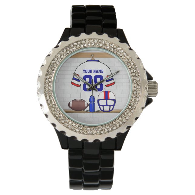 Personalised White Red Blue Football Jersey Watch (Front)