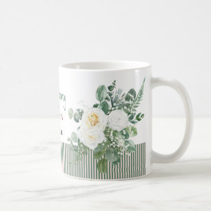 Personalised White Rose Floral Mug, Elegant Custom Coffee Mug