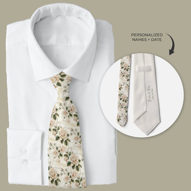 Personalised White Roses and Pearls Tie (White roses and pearls personalized groomsmen neckties)