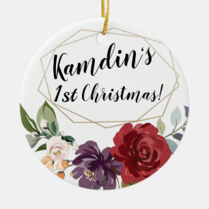 Personalised White Roses Gold Geometric Flor Ceramic Ornament