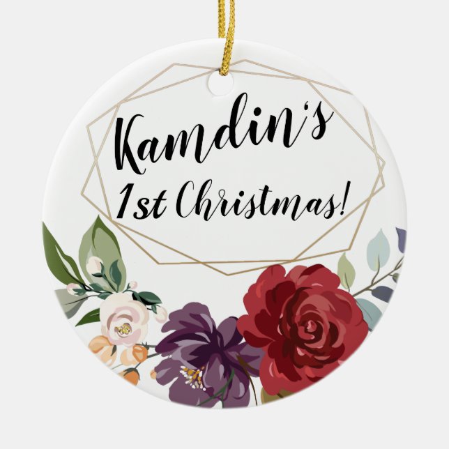 Personalised White Roses Gold Geometric Flor Ceramic Ornament (Front)