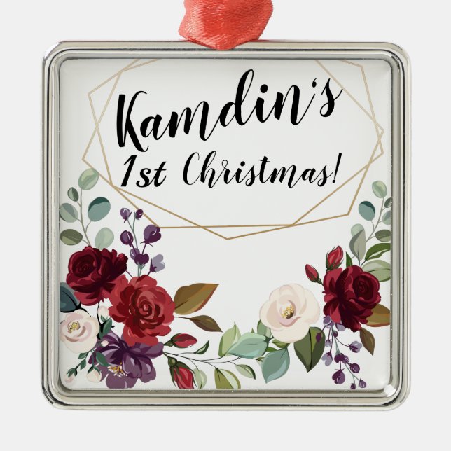 Personalised White Roses Gold Geometric Flor Metal Ornament (Front)