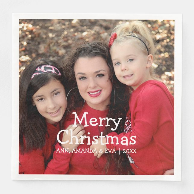 Personalised White Script Merry Christmas Photo Napkin (Front)