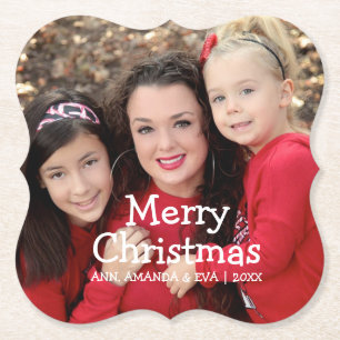 Personalised White Script Merry Christmas Photo Paper Coaster