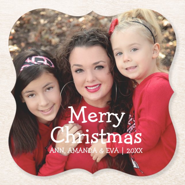 Personalised White Script Merry Christmas Photo Paper Coaster (Front)