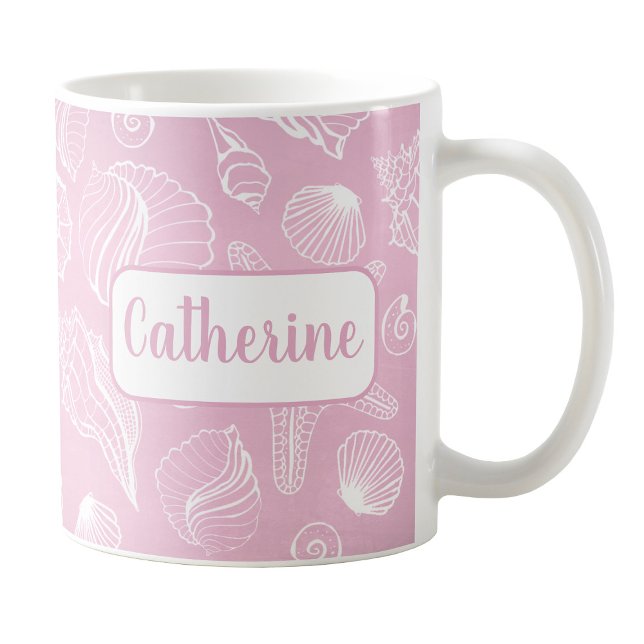 Personalised White Seashells Pink Beach Mug (Personalized White Seashells Pink Beach Mug at Amy's Coffee Mugs on Zazzle. )