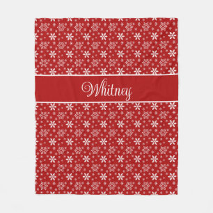 Personalised White Snowflakes on Red Fleece Blanket