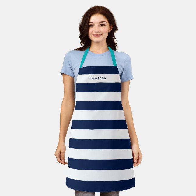 Personalised White Stripes and Editable Colour Apron (Worn)