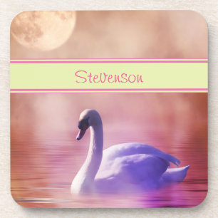 Personalised White Swan floating on a misty lake Coaster