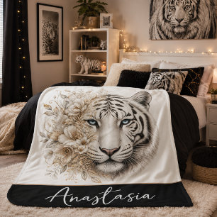 Personalised White Tiger Sherpa Blanket with Name