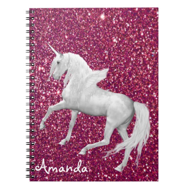 Personalised white unicorn dark pink glitter glam notebook (Front)
