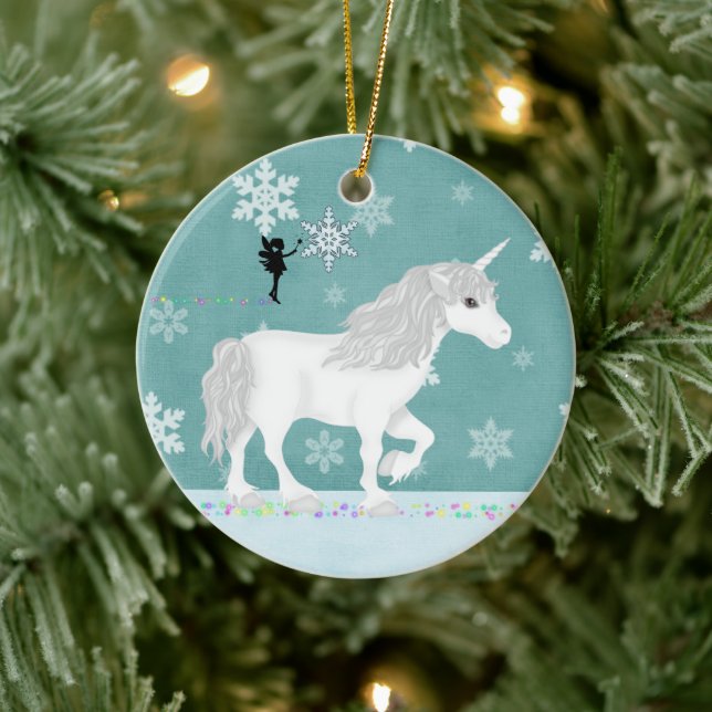 Personalised White Unicorn, Fairy and Snowflakes Ceramic Ornament (Tree)