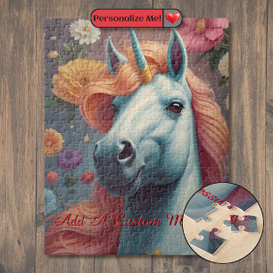 Personalised White Unicorn Flower Portrait Jigsaw Puzzle