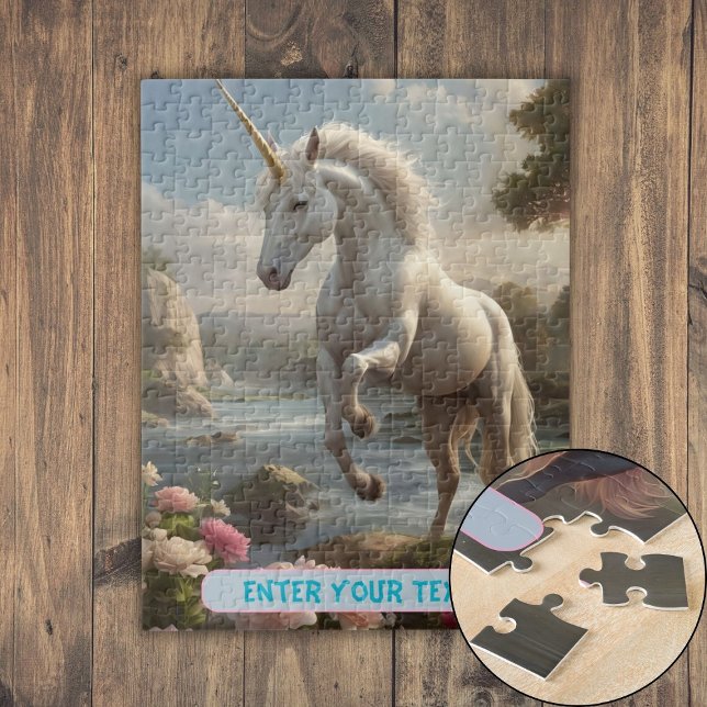 Personalised White Unicorn Flower Stream Jigsaw Puzzle (Personalized White Unicorn Flower Stream Jigsaw Puzzle)