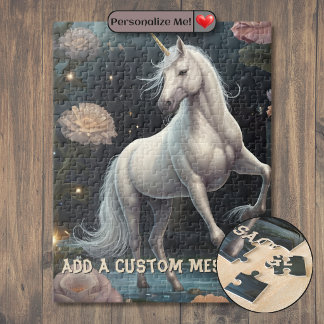 Personalised White Unicorn Flowers Jigsaw Puzzle