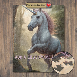 Personalised White Unicorn in Forest Jigsaw Puzzle