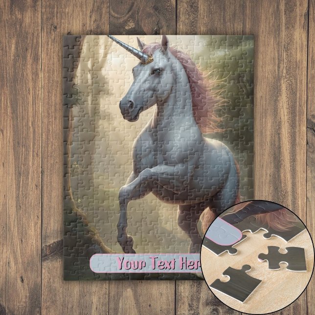 Personalised White Unicorn in Forest Jigsaw Puzzle (Personalized White Unicorn in Forest Jigsaw Puzzle)