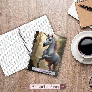 Personalised White Unicorn in Forest Notebook