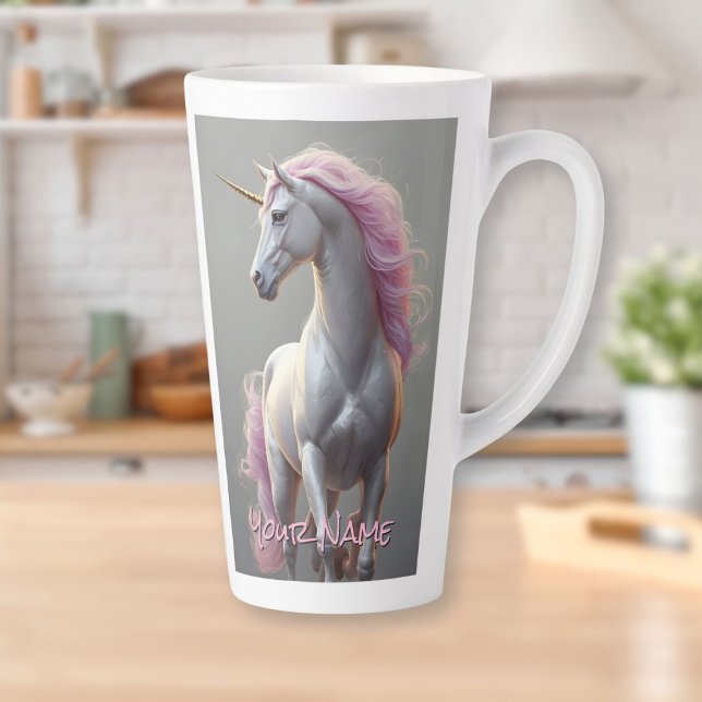 Personalised White Unicorn with Pink Mane Latte Mug (Personalized White Unicorn with Pink Mane Latte Mug)