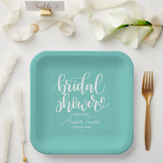 Personalised White Wedding Bridal Shower Teal Paper Plate
