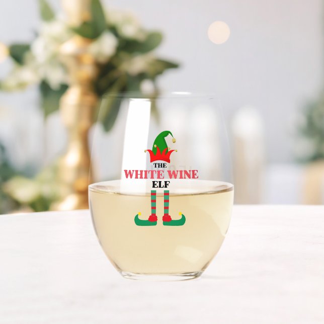 Personalised White Wine Elf Christmas Stemless Wine Glass (Insitu (Wedding))