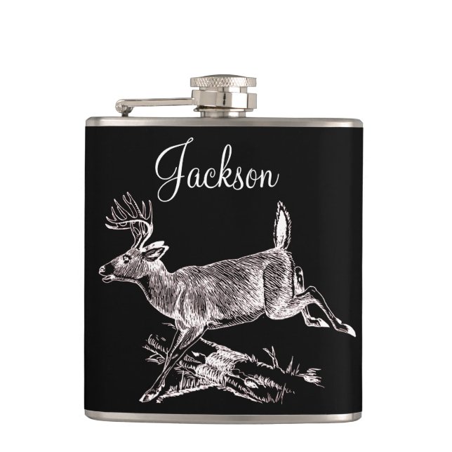 Personalised Whitetail Buck Leaping Hip Flask (Front)