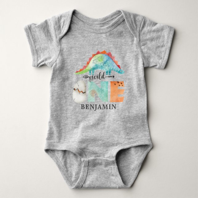 Personalised WILD Dinosaur First Birthday Grey Baby Bodysuit (Front)