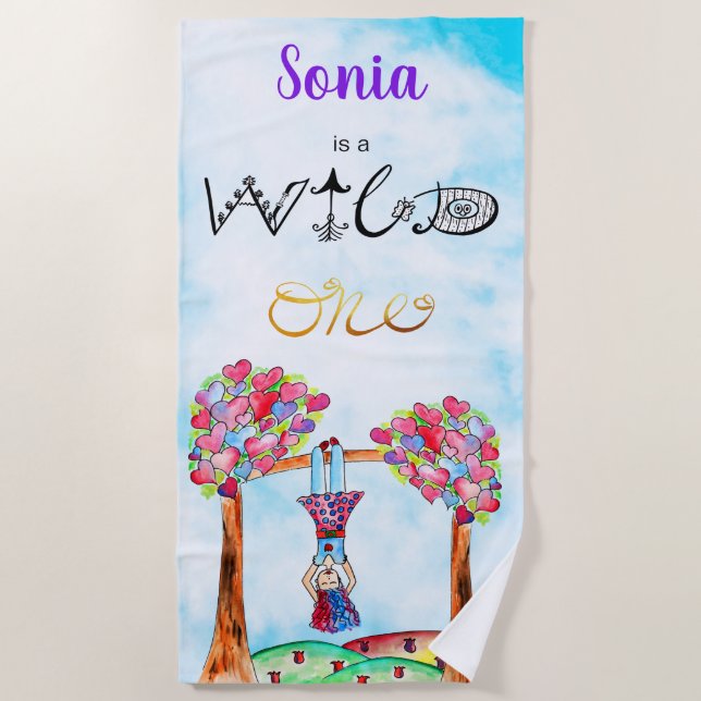 Personalised WILD ONE Boho Paint Purple Pink Girl Beach Towel (Front)