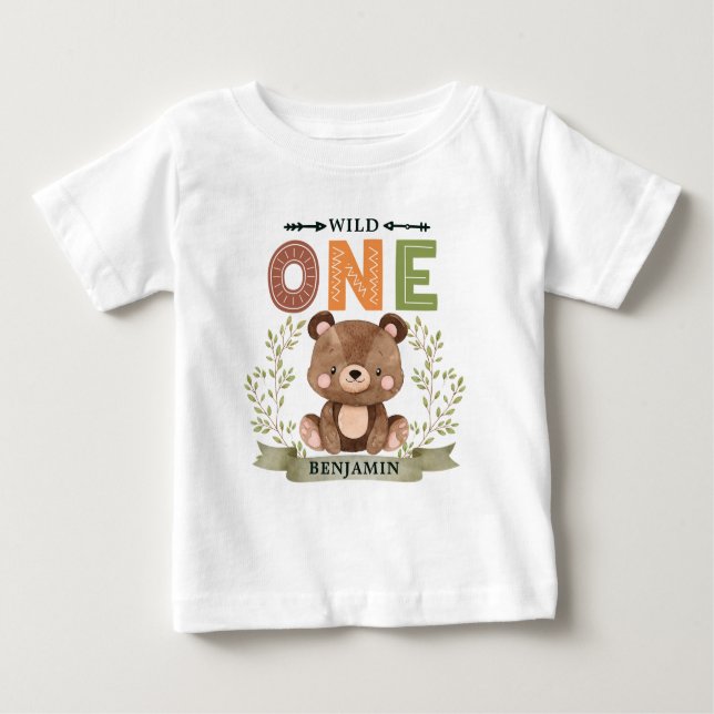 Personalised WILD ONE First Forest Bear Baby T-Shirt (Front)