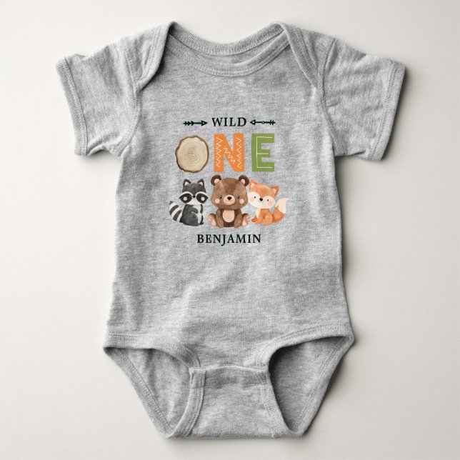 Personalised WILD ONE First Forest Birthday Baby Bodysuit (Front)