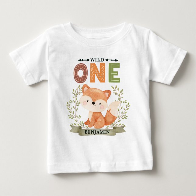 Personalised WILD ONE First Forest Fox Baby T-Shirt (Front)
