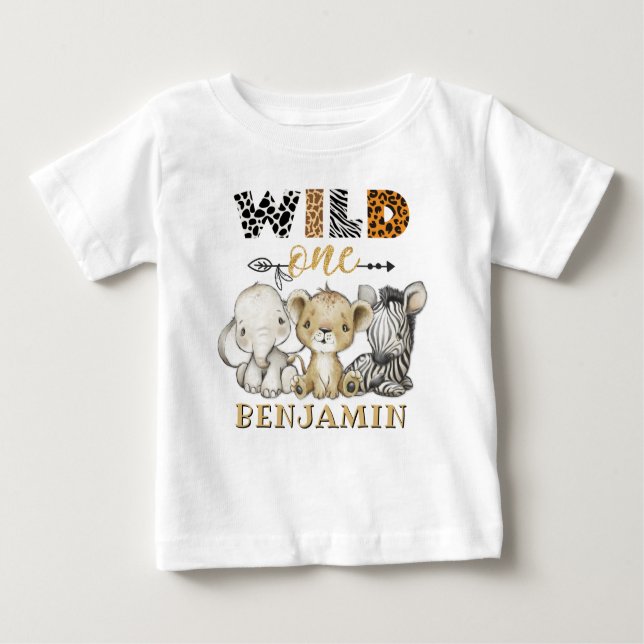Personalised WILD ONE Jungle First Birthday Baby T-Shirt (Front)