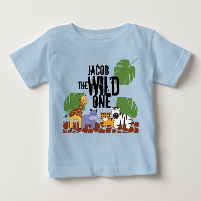 Personalised WILD ONE Safari blue First Birthday Baby T-Shirt (Front)