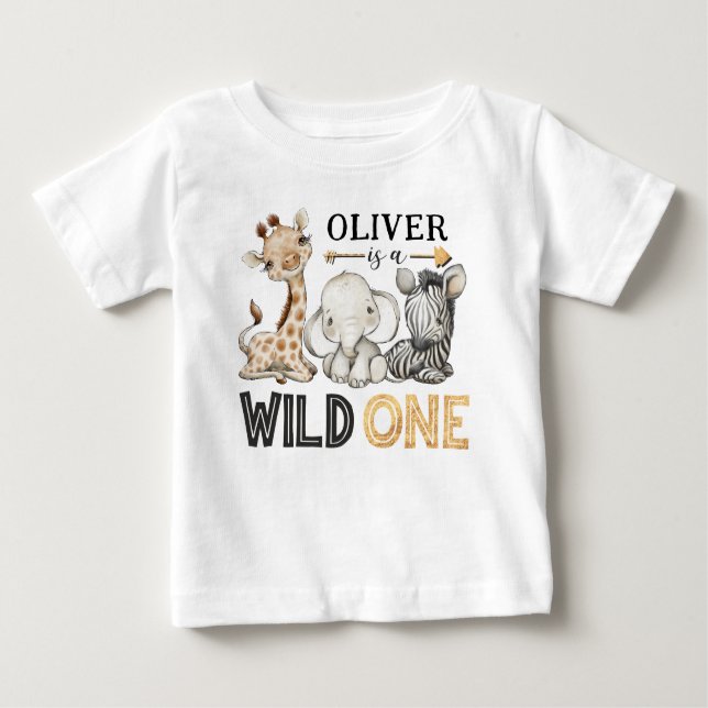 Personalised WILD ONE Safari First Birthday Baby T-Shirt (Front)