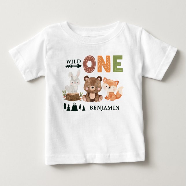 Personalised WILD ONE Woodland First Birthday  Bab Baby T-Shirt (Front)