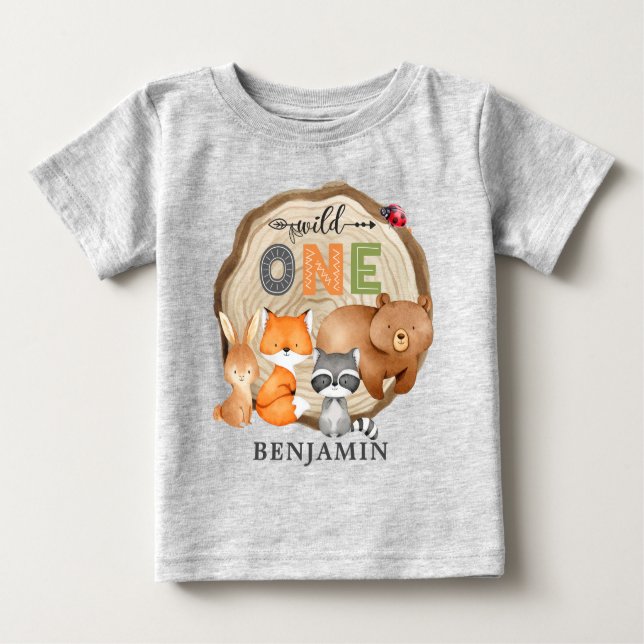 Personalised WILD ONE Woodland First Birthday Baby Baby T-Shirt (Front)