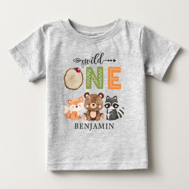 Personalised WILD ONE Woodland First Birthday Baby T-Shirt (Front)