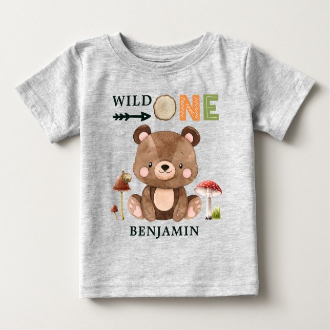 Personalised WILD ONE Woodland First Birthday Baby T-Shirt (Front)