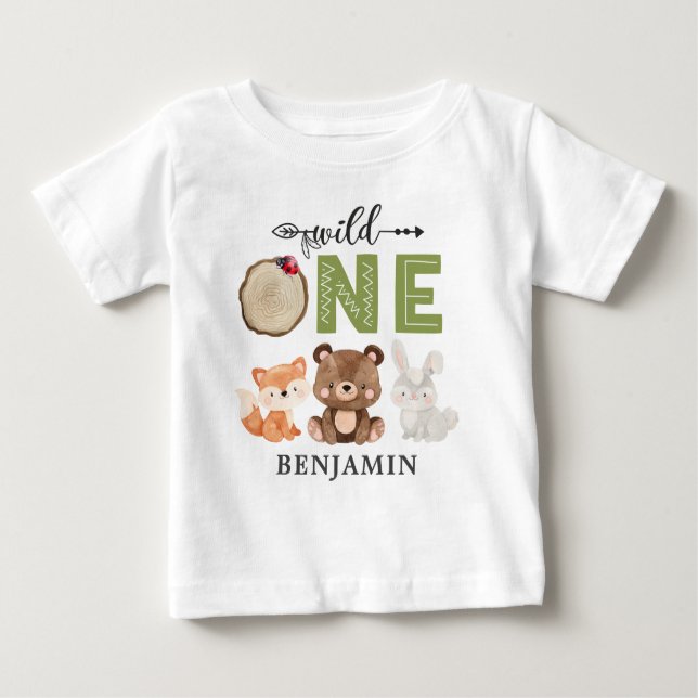 Personalised WILD ONE Woodland First Birthday Baby T-Shirt (Front)