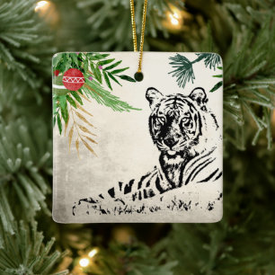 Personalised Wild Tiger and Palm Fronds Christmas Ceramic Ornament