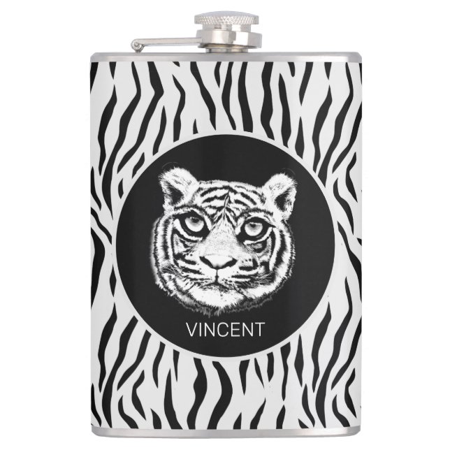Personalised Wild Tiger Face on Tiger Skin Pattern Hip Flask (Front)