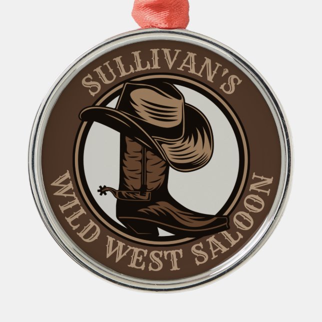 Personalised Wild West Saloon Western Cowboy Boots Metal Ornament (Front)